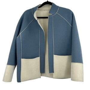 Marigold Womens Open Front Jacket Size L Blue Cream Colorblock Fleece Cozy Core